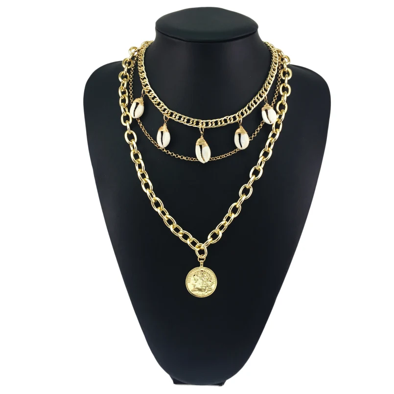 MANILAI Мода Большая Монета Подвески ожерелье s для женщин Оболочка Массивная металлическая Многоуровневая длинная цепь ожерелье ювелирные изделия колье