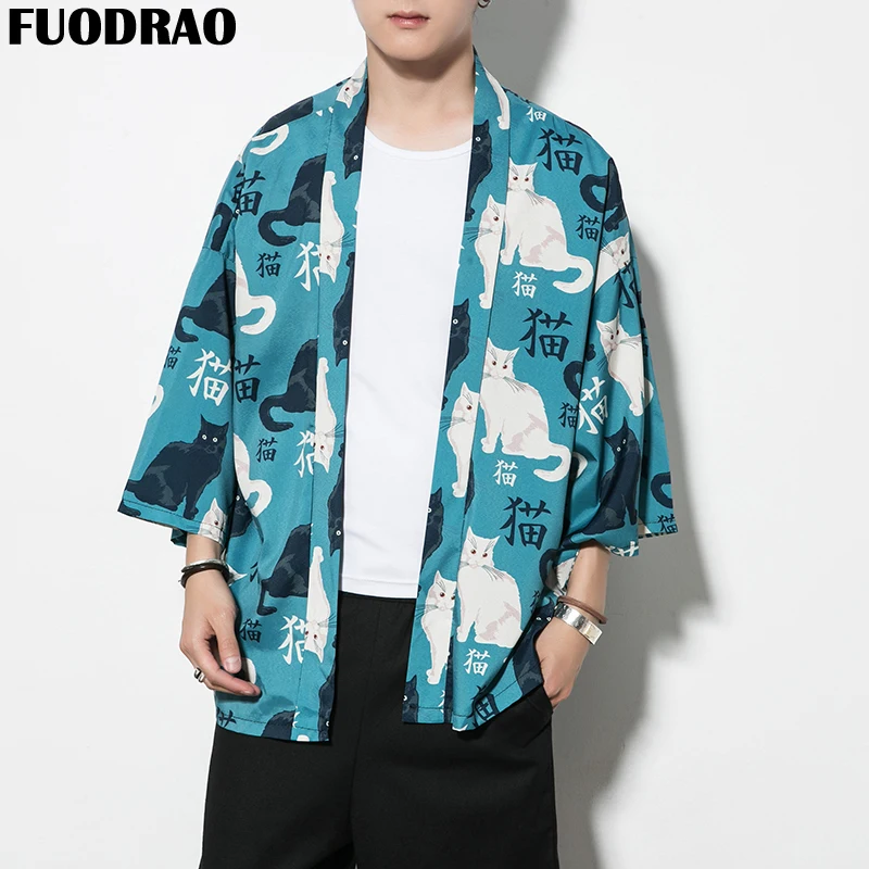 

FUODRAO Kimono Men Summer Print Kimono Cardigan Male Vintage Windbreaker Hip Hop Streetwear Japan Style Kimono Jacket J145