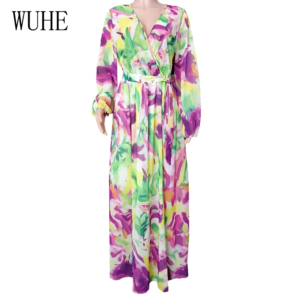WUHE осенние Boho Печатные шифоновые длинные платья элегантные женские с v-образным вырезом Подпоясанный с длинным рукавом Вечерние платья свободные винтажные пляжные макси платья