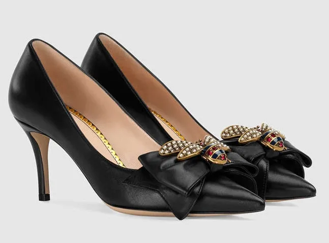 

Spring Pointed Toes New Style Bee Bowtie Shallow Mouth Single High Heel Ladies Shallow Mouth Elegent Office Work Shoes