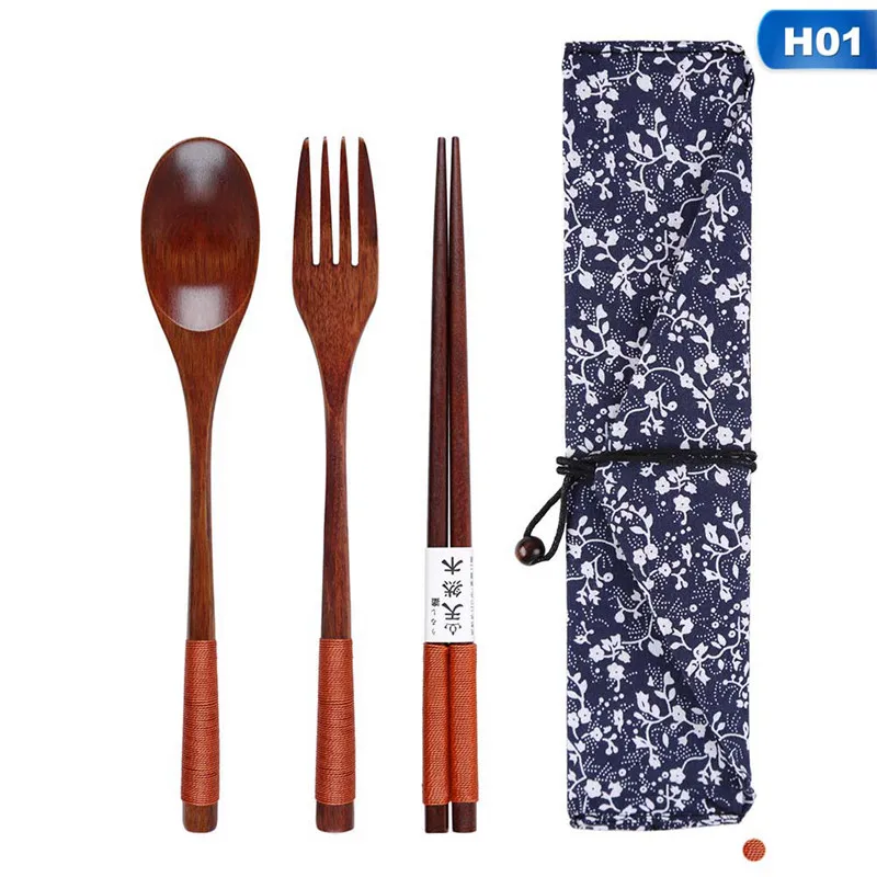 Японский винтажный портативный проволочный завернутый деревянный палочки для еды Ложка Вилка посуда 3 шт. набор подарок синий мешок - Цвет: 1