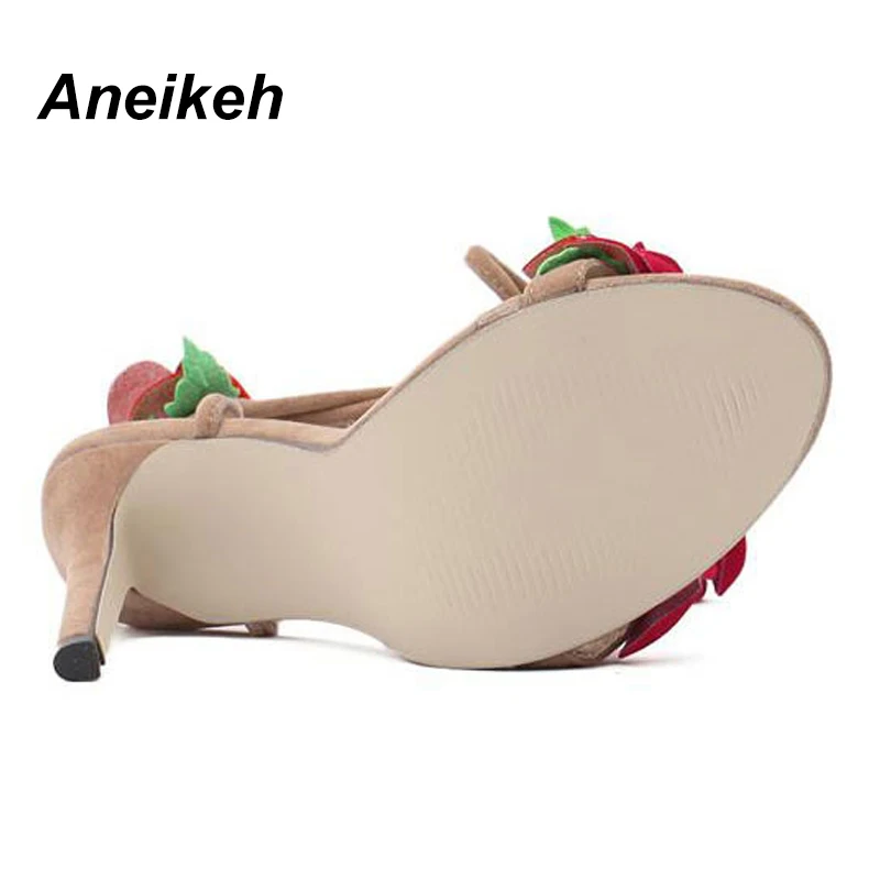 Aneikeh Red Flower Women Shoes Lace Up Summer High Heels Shoes Wedding Party Women Pumps Zapatos Mujer Size 4~9 D-558-10#