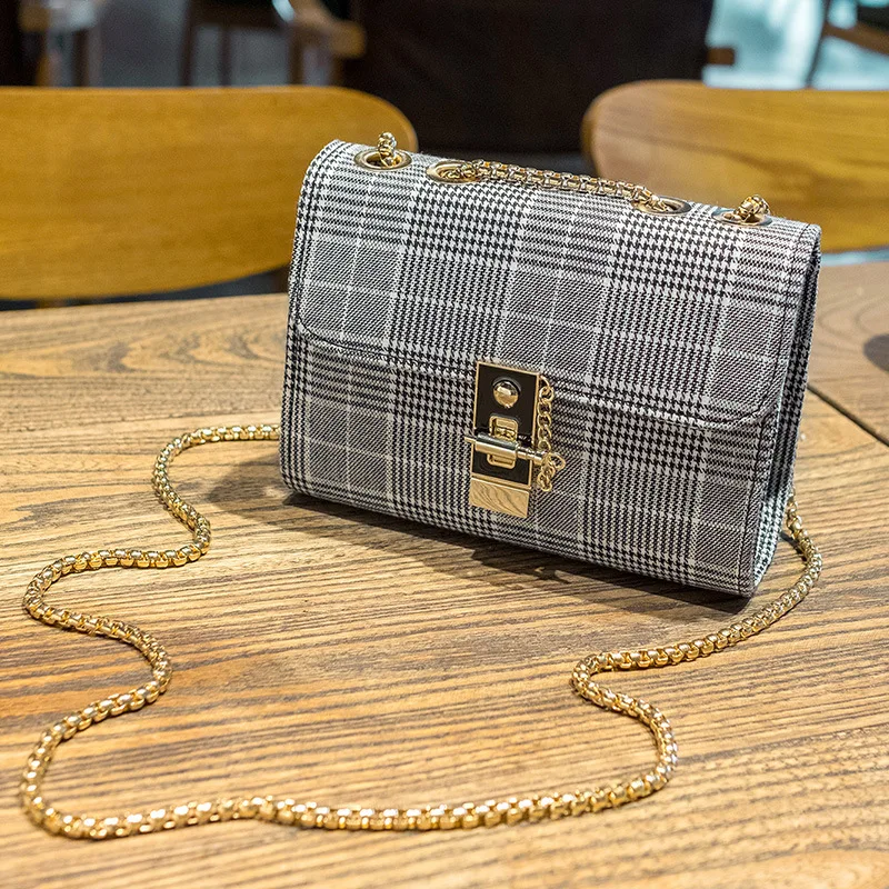 

Messenger Bags For Women 2019 Ladies Fashion Stripe Plaid Or Soild Leather High Quality Chain Mini Shoulder Bag Elegant Handbag