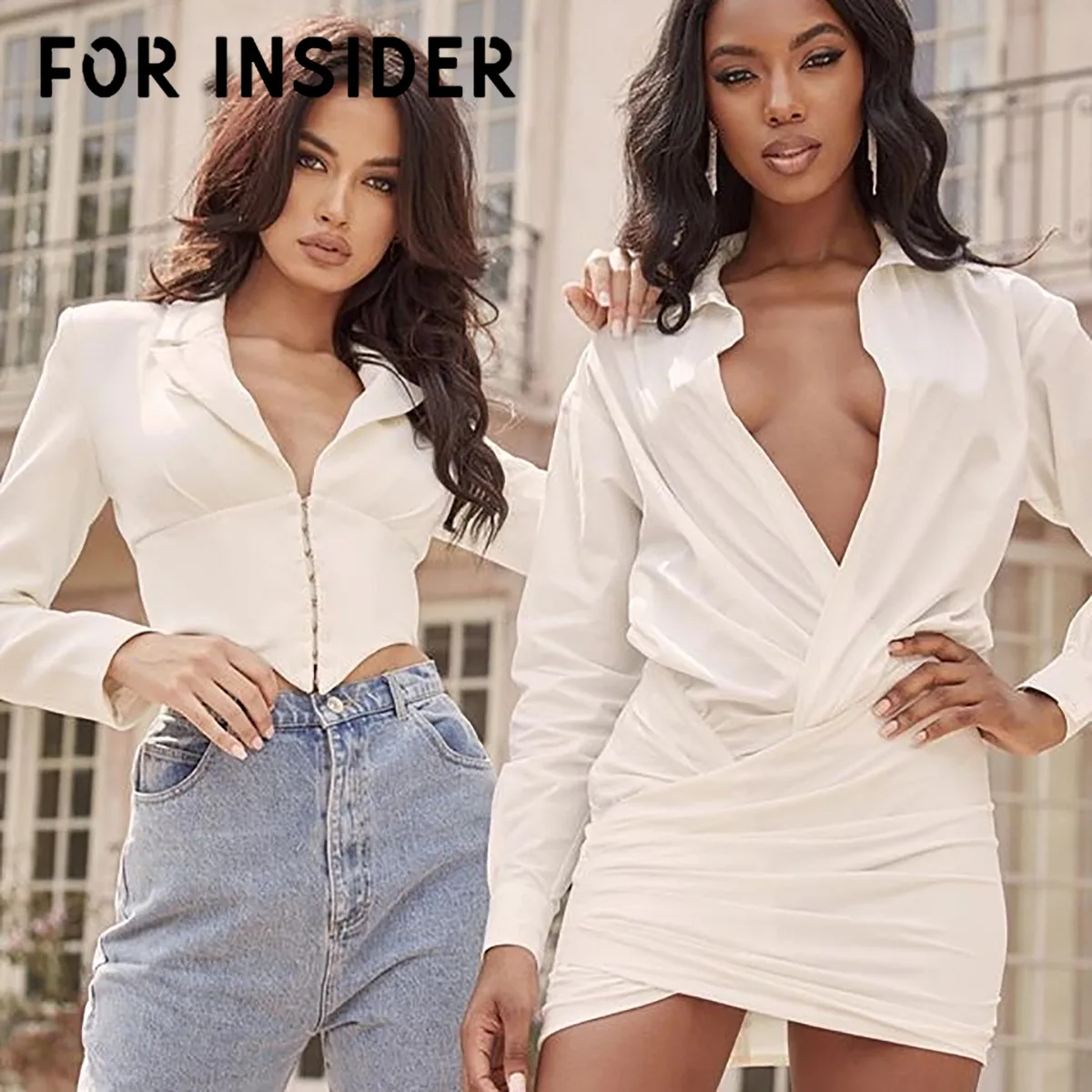 For Insider Casual streetwear sexy white blazer Women v neck cropped blazer jacket Party slim long sleeve autumn blazer coat