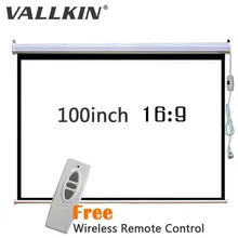 VALLKIN 100 inch 16:9 Projector Screen Electric Screen Free Wireless Remote Control and Hook for Video Projector DDM10