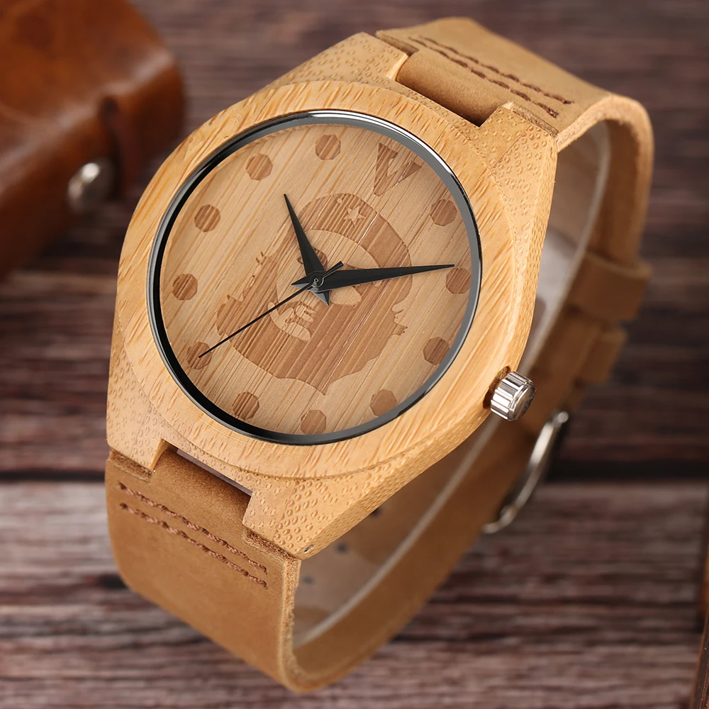 Novel Che Guevara Bamboo Wooden Men Wrist Watch Handmade from Real Wood Creative Watches Genuine Leather Band Strap Timber Clock (17)