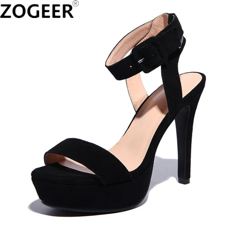

New 2018 Summer Suede Leather Women Sandals Ankle Wrap Sandals Fashion Platform High Heels Black Ladies Shoes For Party Office