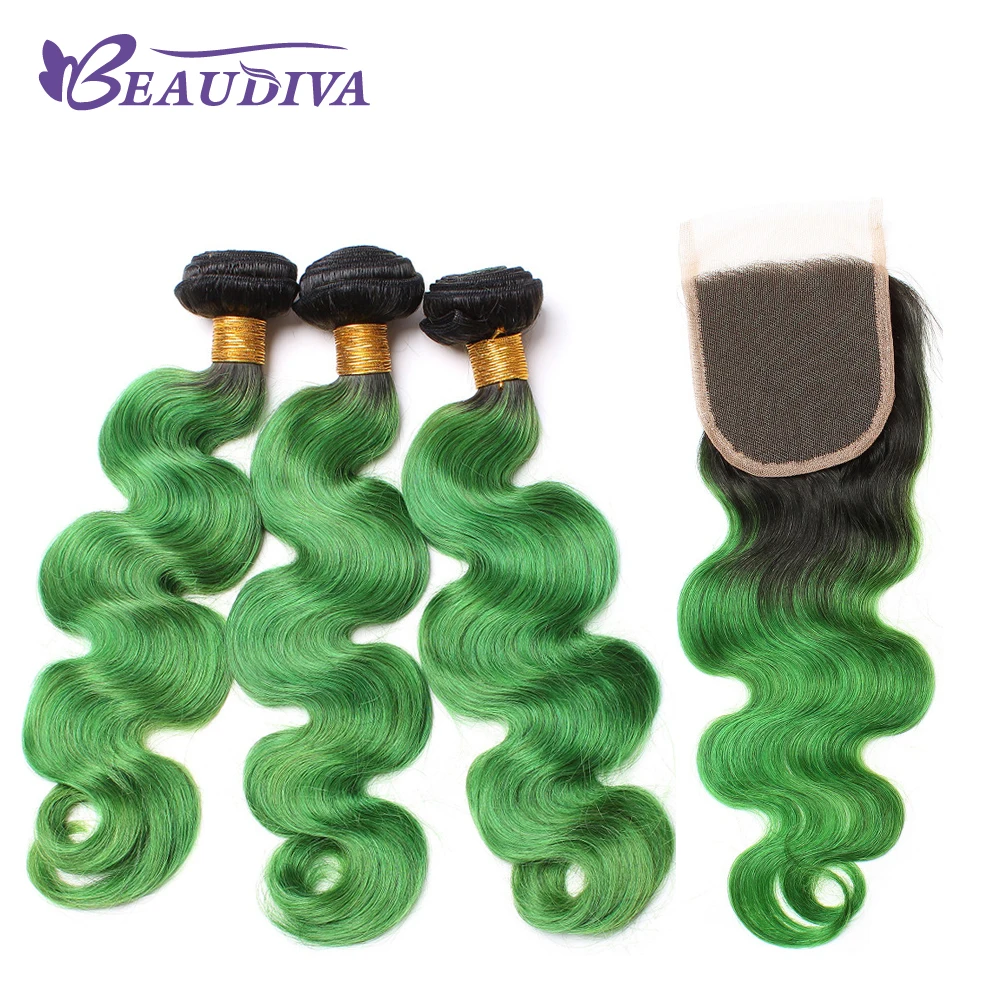 BEAUDIVA Pre-Colored Brazilian Body Wave Human Hair 3 Bundles With Closure 1B/Green Color Hair Human Hair Bundles With Closure brazilian-body-wave-hair-bundles-with-closure