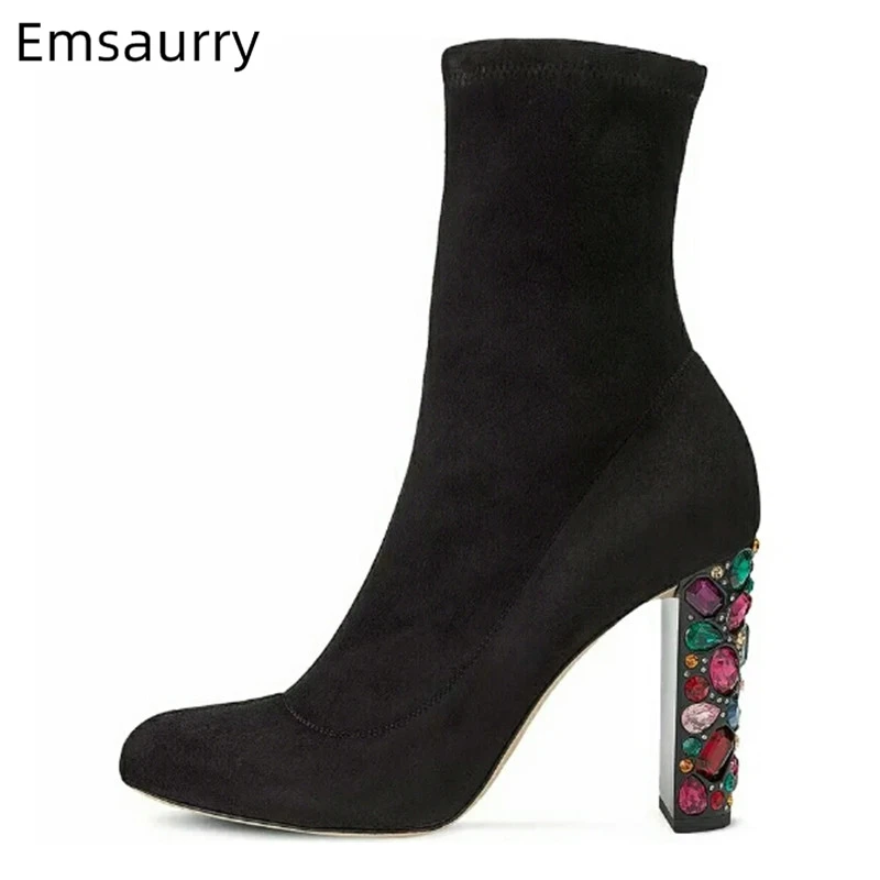 

Luxury Suede Ankle Boots Women New Autumn Side Zipper 10cm Chunky Heel With Colorful Rhinestone Martin Boots Runway Botas Mujer