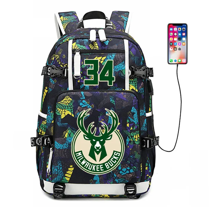 Баскетболист Giannis Antetokounmpo рюкзак 34 школьные сумки usb зарядка для ноутбука водонепроницаемые дорожные холщовые сумки большой емкости - Color: Green3