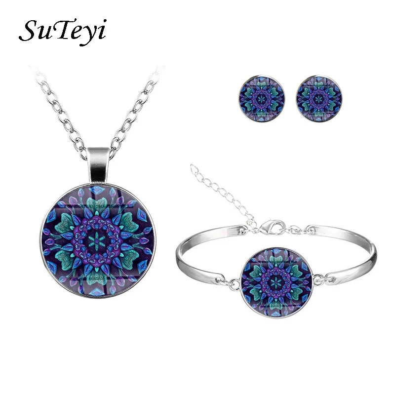 SUTEYI Темно-Синие Ювелирные изделия с изображением хризантем наборы элегантные женские круглые стеклянные браслеты серьги ожерелье наборы ювелирные изделия в индийском стиле