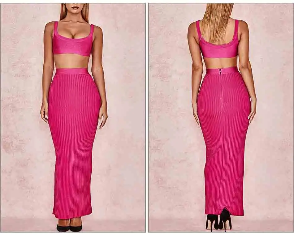 Высокое качество розовый красный ремень 2 шт. вискоза Бандажное длинное платье женское сексуальное обтягивающее платье-комплект для вечеринки