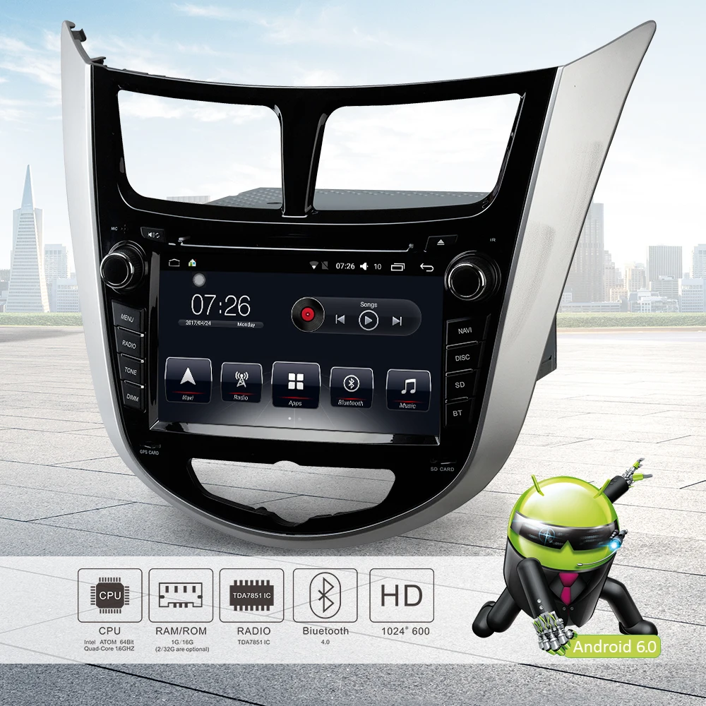 

Car Stereo Radio GPS Navigation Bluetooth 7" Touchscreen 64Bit Quad Core 2GB/32GB Android 6.0 Auto Radio for Hyundai Verna