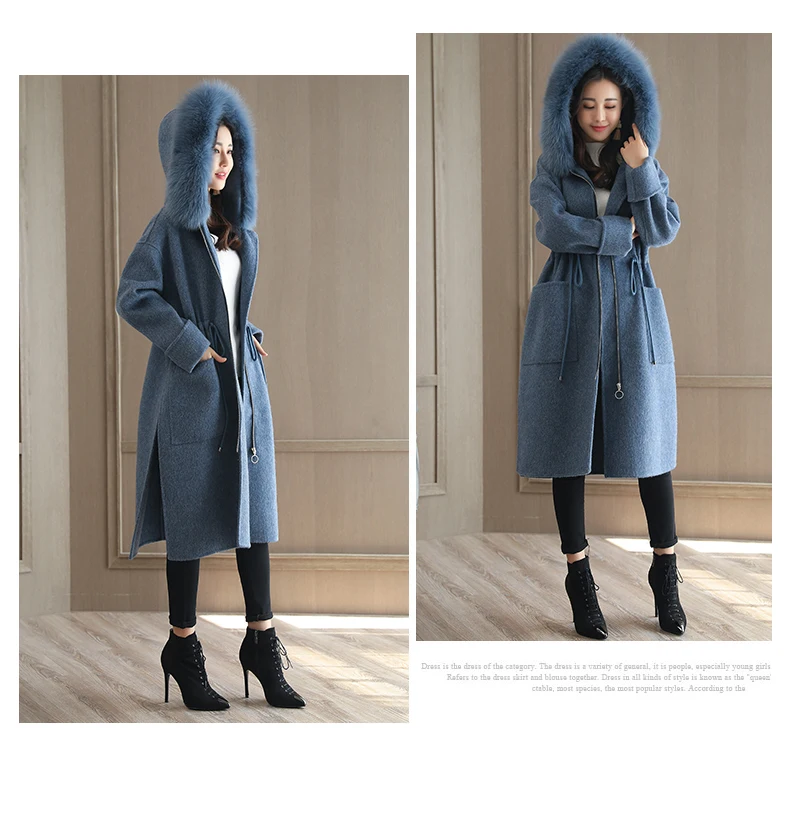 Winter Women Woolen Coat Outerwear Female Medium-long Hooded Trench Big Fur Collar Casual Casaco Feminino Female Jacket