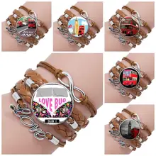 Para mujeres niños antiguo Londres montaje rojo doble Decker Bus personalidad cristal multicapa negro/marrón cuero pulsera brazalete joyería