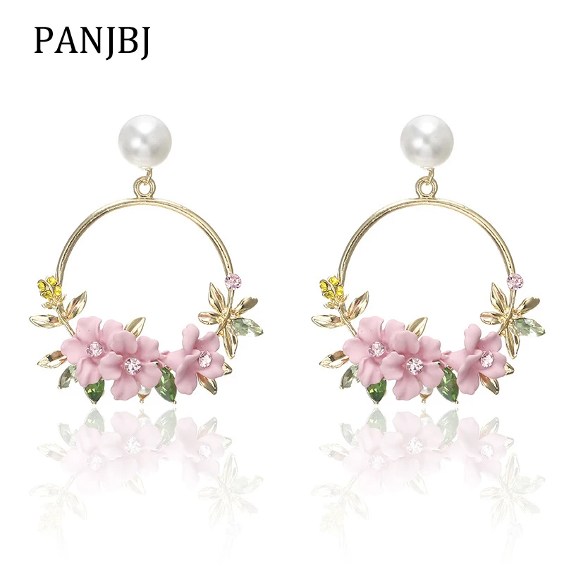 

New Trendy Simple Stud Earing Boho Pearl Pink Flower Wreath Spring Nature Earrings Brincos For Women Gift Fashion Jewelry