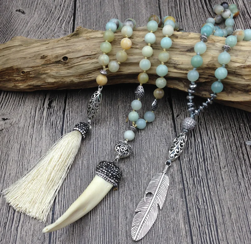 Tooth Tassel Leaf Pendant Charm ite Beads Handmade Necklace
