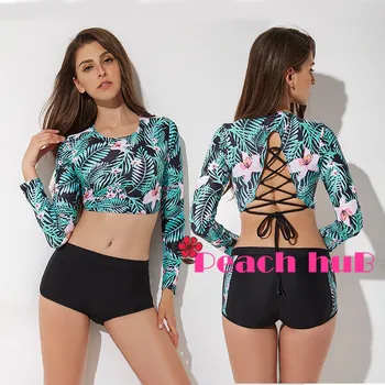 

Sport Swimsuit Boxers Push Up Swimwear Women Large Size Swimsuits Rashguard Long Sleeve Floral Two Piece Swimsuit Bandage