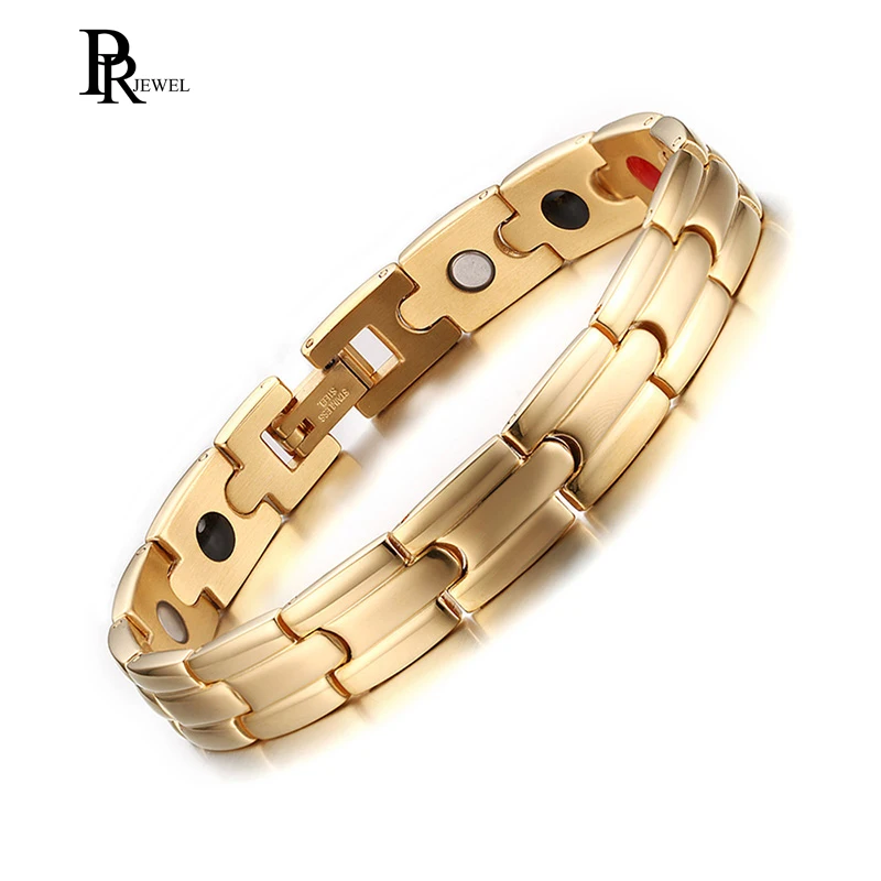 

Energy Magnetic Gold Bracelet Men Stainless Steel Chain Engraved Medical Alert Symbol Adjustable For Arthritis and Joint Pain
