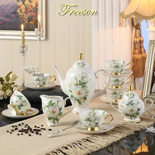 Juego de café de hueso de Camelia, juego de té de porcelana británica, olla de cerámica, tazón de azúcar, tetera, taza de café, tazas de café