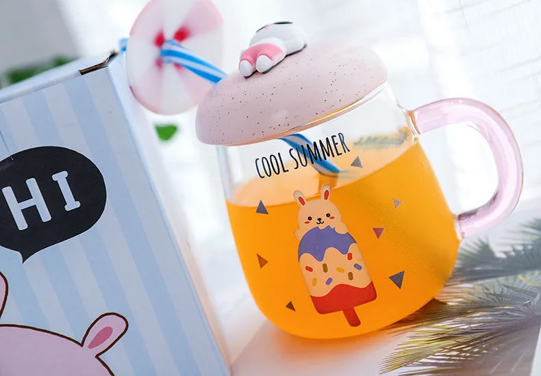 Creative 3D Cartoon Deisgn Beach Cover Glass with Straw and Cover for Children's Gift Have Fun Juice Glass Milk Cups