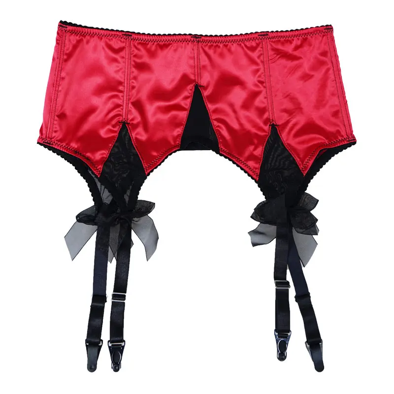 Red Satin Mesh Bow Fishbones Metal Buckles 4 Wide Straps Women/Female/Lady Sexy Garter Belts for stockings Suspender Belt S511R