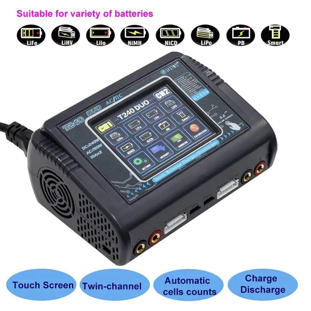 

HTRC T240 Touch Screen Dual Channel Battery Balance Charger Discharger DUO AC 150W DC 240W 10A For RC Models Toys