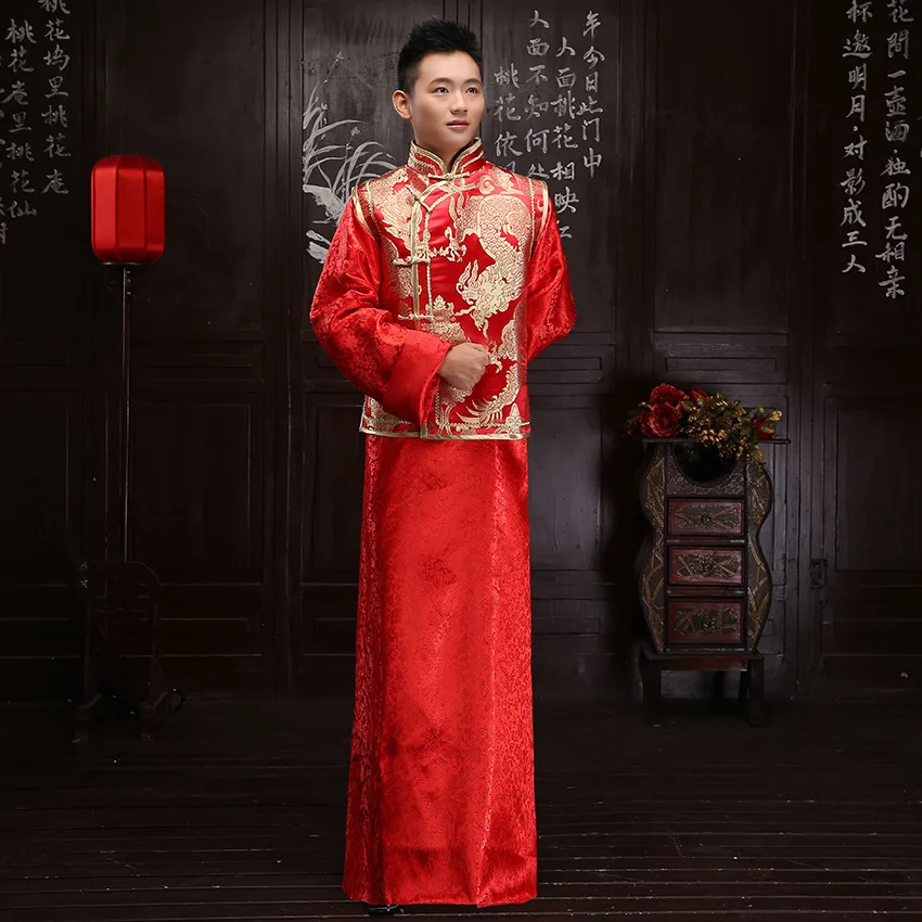Классический древний жених свадебная одежда красный китайский мужской пиджак+ халат Свадебный костюм Дракон традиционный мужской одежды XS-XL