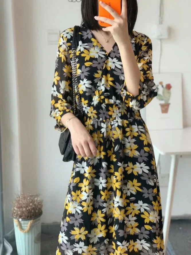 

Floral Print Summer Women Split Dress V-neck Short Sleeve Ladies Chiffon Dresses