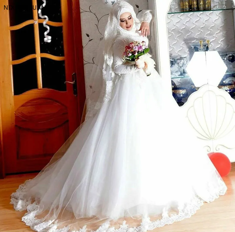 

2019 New Arrival Muslim Dubai White Tulle Wedding Dresses Lace Appliques Long Sleeves Custom Made Bridal Gowns Vestidos De Novia