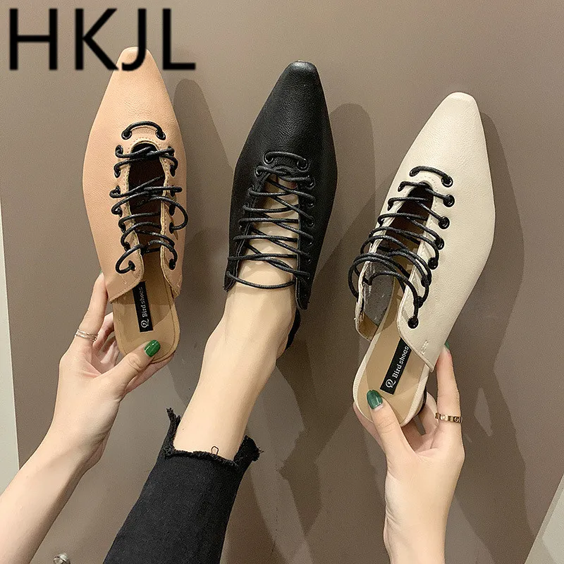

HKJL The new women's shoes for spring 2019 are stylish open-toe flats with pointed toes and low-heeled baotou slippers A249