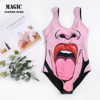 

Cartoon character pattern Print One piece Swimsuit Summer Sexy Backless Swimsuit Ladies Beach Bathing Suit Swimwear pink