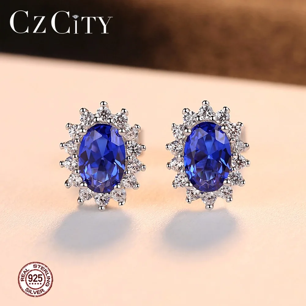 CZCITY New Natural Birthstone Royal Blue Oval Topaz Stud Earrings 925 Sterling Silver 4