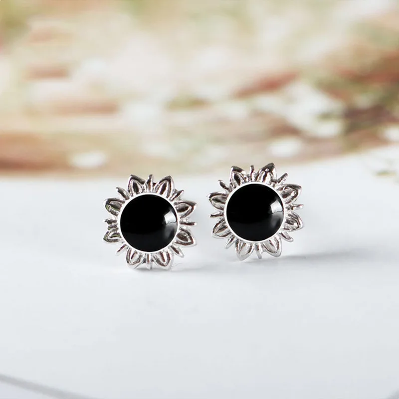 black drop glaze sunflower silver earrings woman S925 silver jewelry fashion Hypoallergenic stud earrings for women gift silver