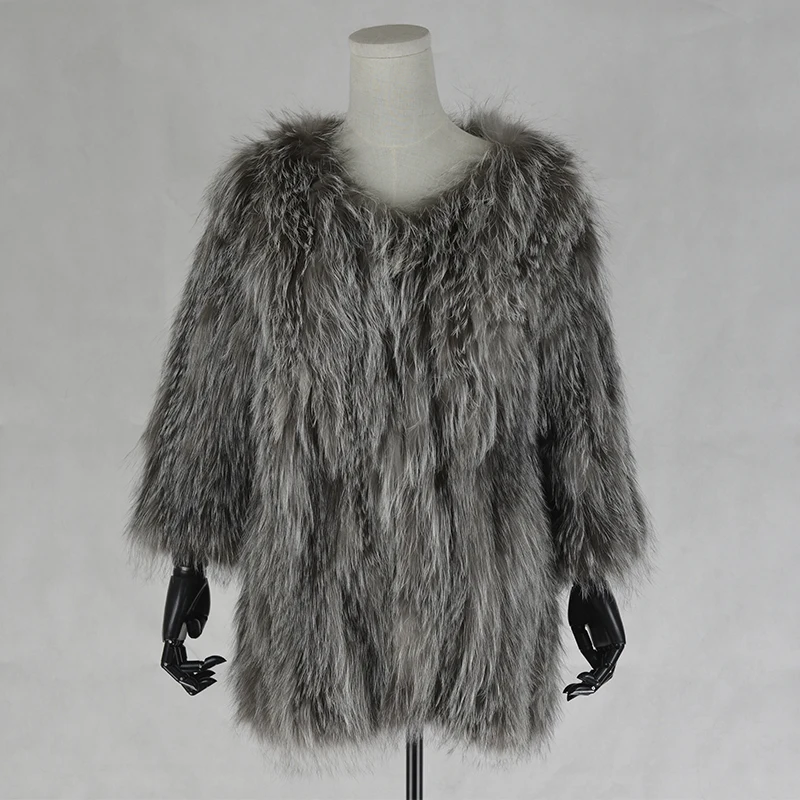 Natural Silver Fox Fur Knit Garment Women basic coats Real Coat Knitted Hair Long Overcoat 3 Colors Plus Size | Женская одежда