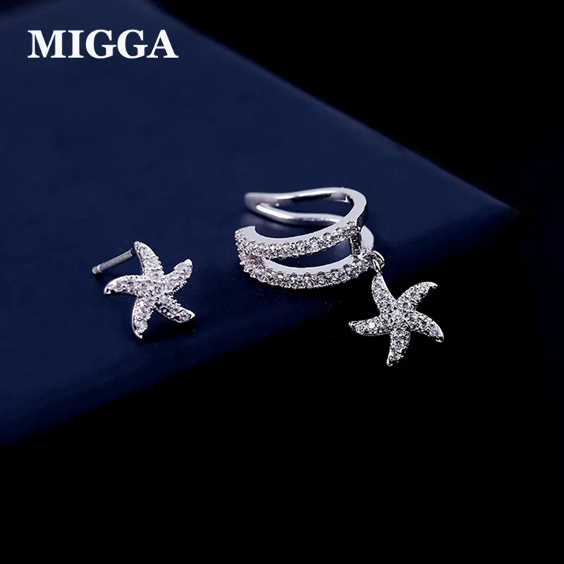 

MIGGA 1pc High Quality Cubic Zircon Crystal Starfish Ear Cuff Clip Earrings for Women Star Earrings Silver Color