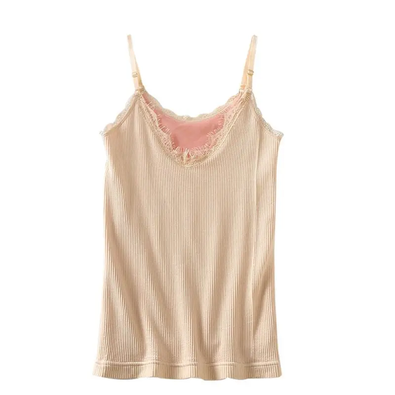 Ladies Elastic Shoulder Straps Seamless Plus Velvet Warm Sling Double Vest Lace Patchwork Knited Camisoles bottoming Tops Female Ladies Elastic Shoulder Straps Seamless Plus Velvet Warm Sling Double Vest Lace Patchwork Knited Camisoles bottoming Tops Female