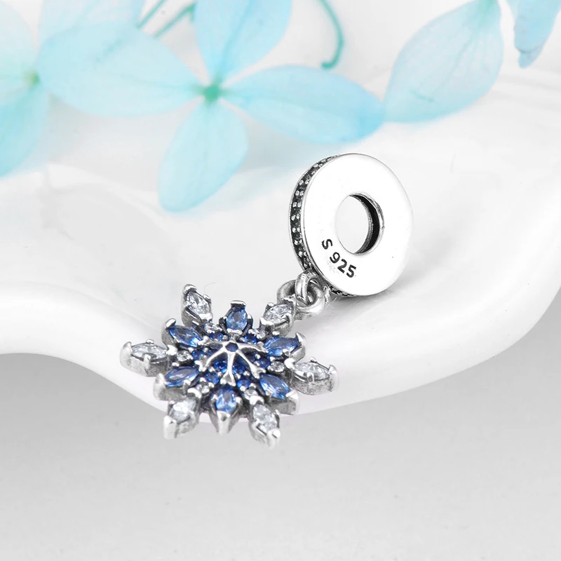 Настоящие 925 пробы серебристые и синие подвески в виде снежинок подходят к оригинальному браслету Pandora для изготовления ювелирных изделий