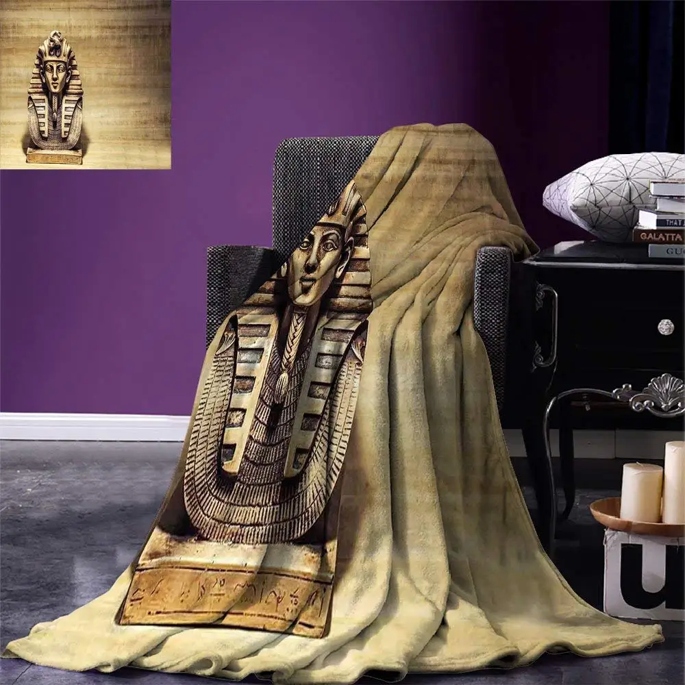 Cheap  Egyptian Throw Blanket Stone Pharaoh Tutankhamen Mask Sculpture with Papyrus Background Design Warm