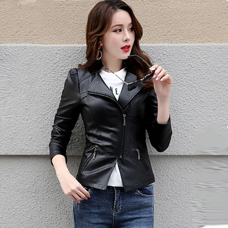 

2019 Spring Slim Short Leather Jacket Women Autumn Korean Motorcycle Wild PU Leather Jacket Standing Collar Plus Size Coat Tide