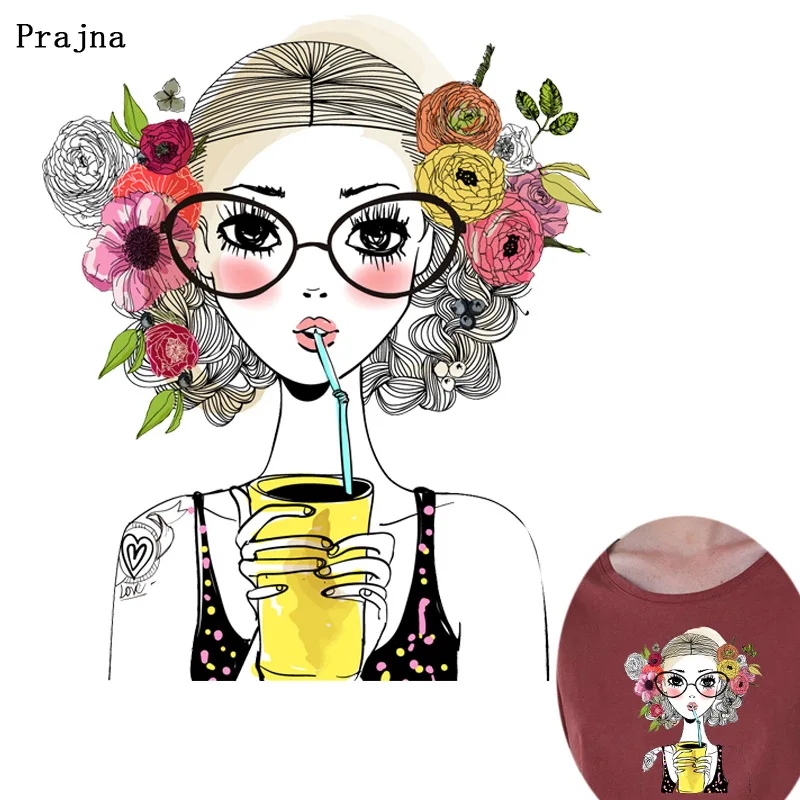 

Prajna Fashion Girl Sticker Printed Iron on Thermal Transfer for Clothing DIY Beauty Heat Transfer to Cloth Grandma Decoration F