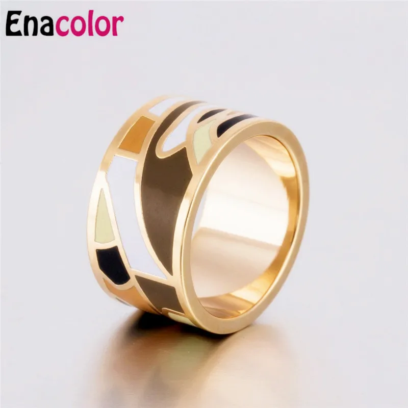 

Enacolor Elegant Brown Geometry Charm Big Enamel Ring Stainless Steel Gold-color for Women 1.3 Width Free Shipping