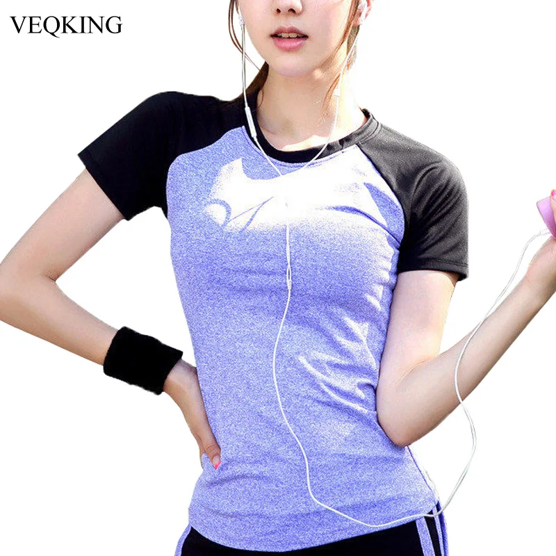 

VEQKING 4 Colors Patchwork Quick Dry Running T-shirts Breathable Aerobics Fitness Yoga Shirts Women Short Sleeve Sports Tops