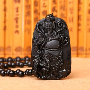 

35 Mix Natural Obsidian Pendant with Beads Chain Dragon Guan Gong Guan Yu Hold Wide Knight Pendant Necklace Men Women jewelry