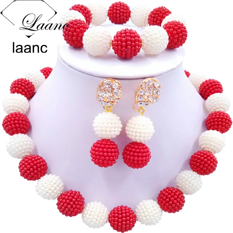 

Laanc Latest African Red and White Beads Jewelry Set Simulated Pearl Nigerian Wedding Necklace AL705