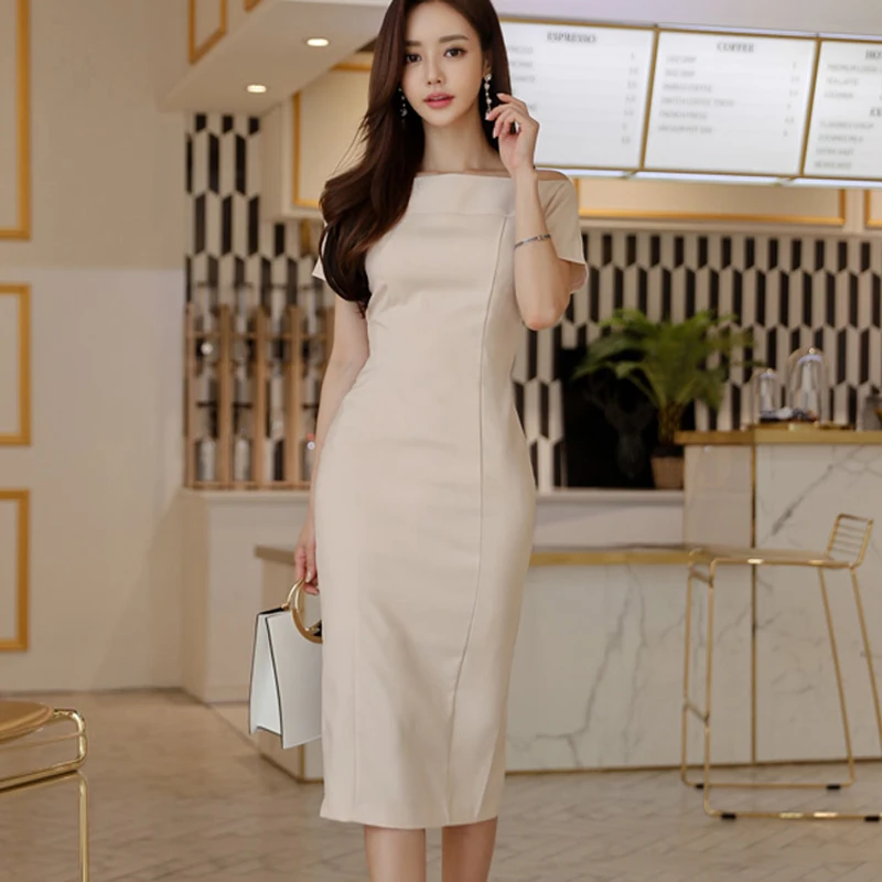 

Brief Style Slash-neck Sleeveless Office Dress Women Dresses Elegant Mid-length Party Dresses Vestidos Femme