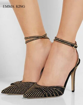 

New Black Air Mesh Hot Drilling Pointed Toe Pumps Zapatos De Mujer Sexy Buckle Strap Black Thin High Heels Women Party Shoes