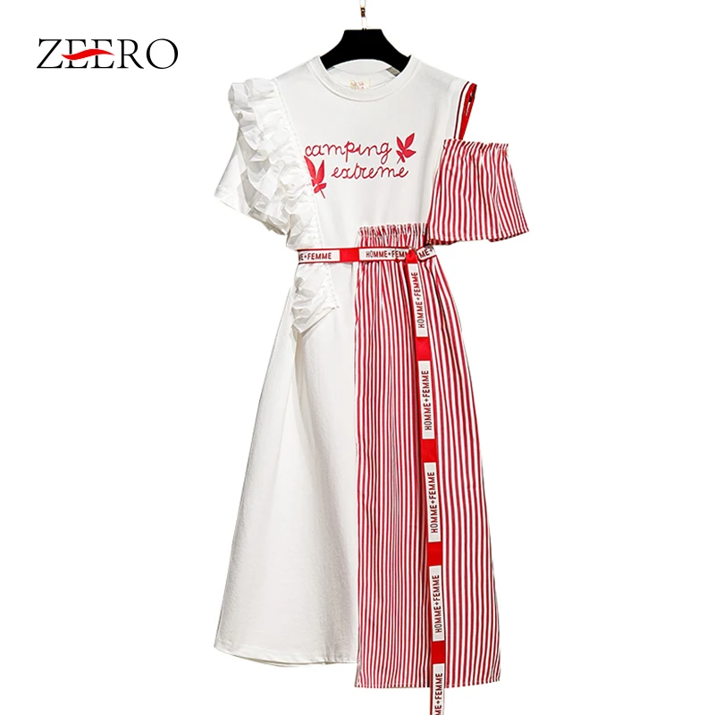 

2019 Summer Women Dress Ruffles Cold Shoulder Letter Print Irregular Dress Streetwear Casual Striped Patchwork Mid Shirt Dress