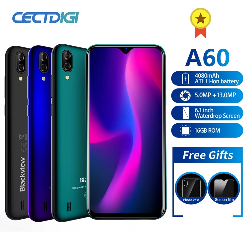 

Blackview A60 Smartphone Quad Core Android 8.1 4080mAh Cellphone 1GB+16GB 6.1 inch 19.2:9 Screen Dual Camera 3G Mobile Phone