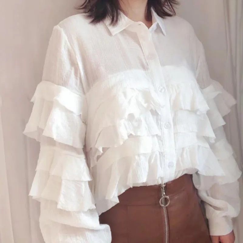

LANMREM 2019 Women Fashion Chiffon Ruffles Split Joint White Shirt Spring Summer Long Sleeve Blouse Female Tops BA13700